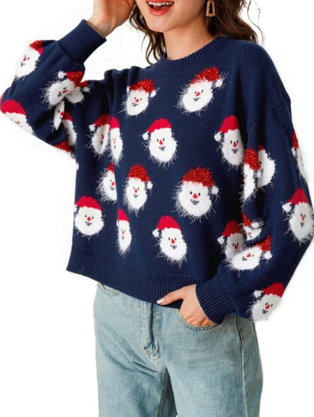 Ugly Christmas Sweater Santa Faces Fuzzy Navy Red and White Size XL